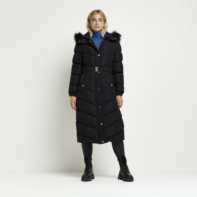 Black hooded longline puffer coat | River Island
