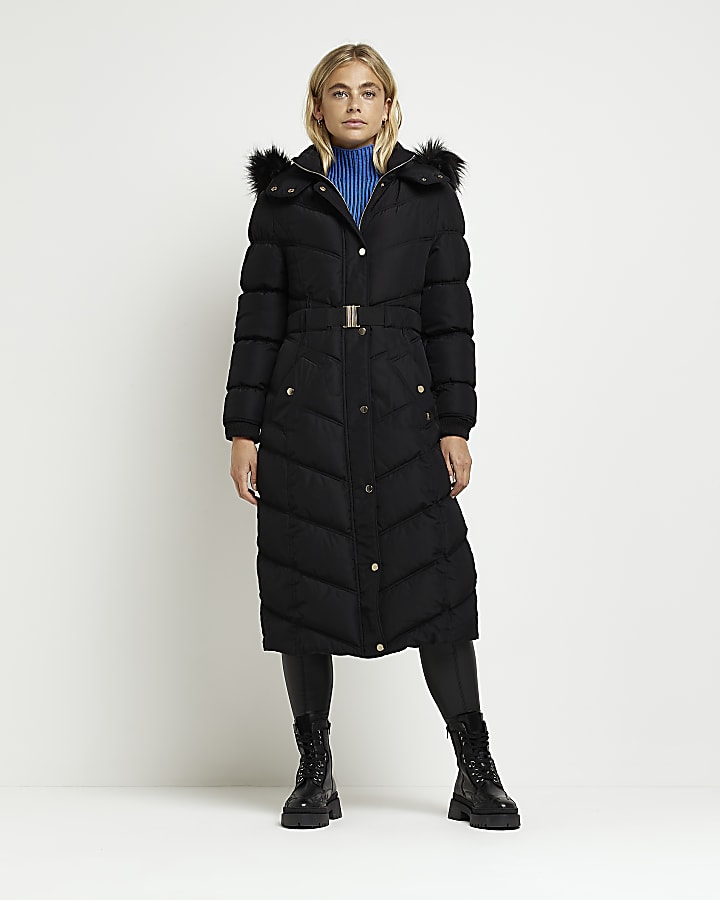 Black hooded longline puffer coat
