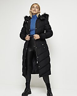Black hooded longline puffer coat