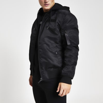 Black Hooded Ma1 Bomber Jacket River Island 