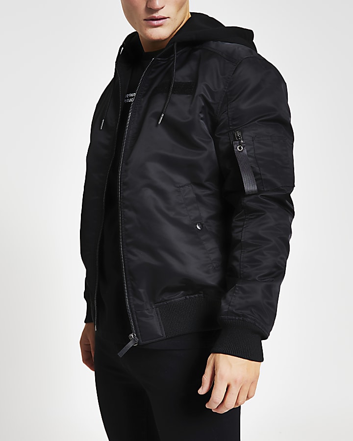 Black hooded MA1 bomber jacket
