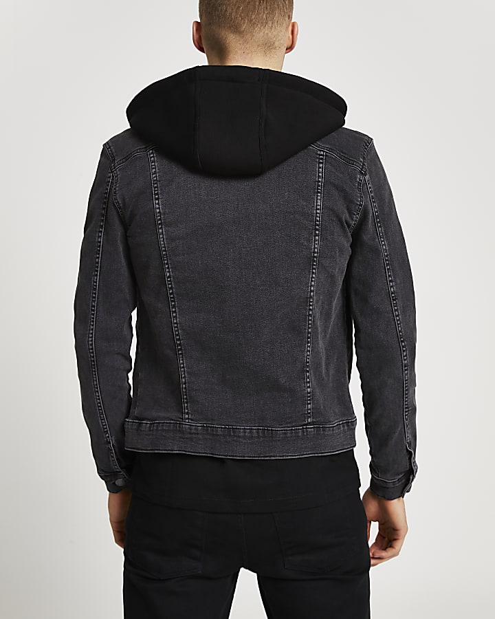 Black hooded muscle fit denim jacket