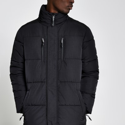 black hooded puffer jacket with funnel neck