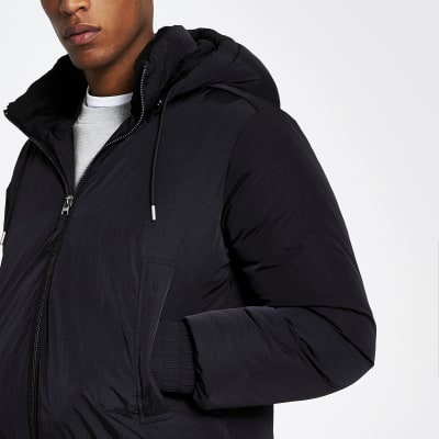 Black hooded short puffer jacket | River Island
