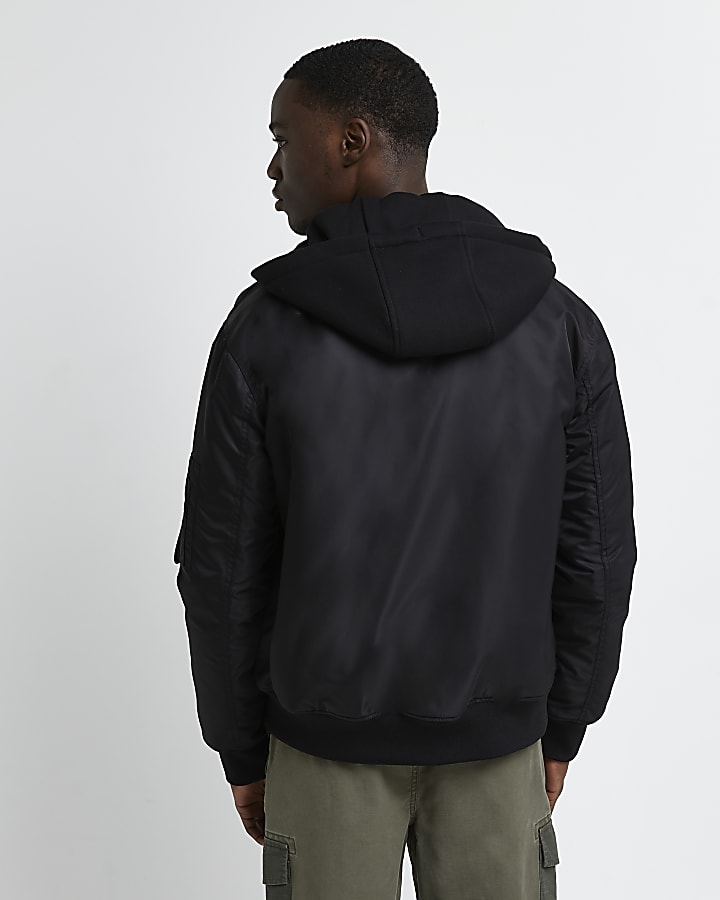 Black hooded zip through bomber jacket