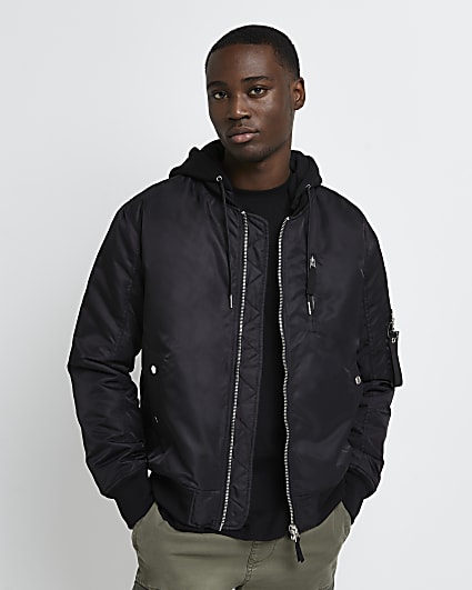 Black hooded zip through bomber jacket