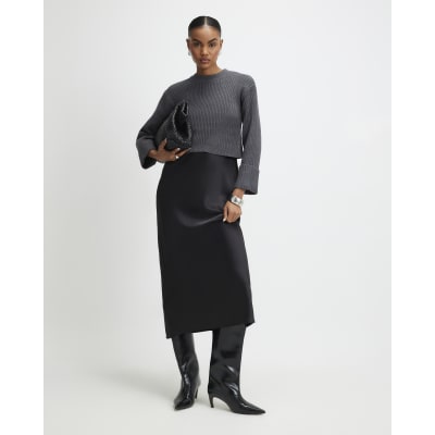 Black Hybrid Jumper Satin Maxi Dress
