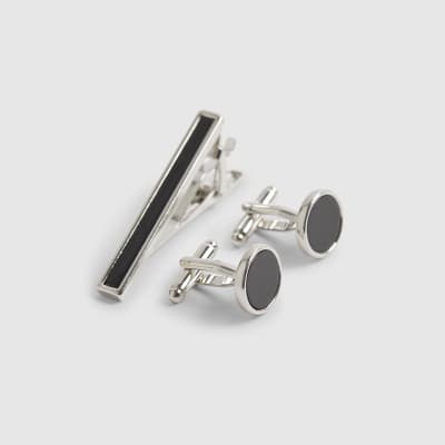 Black Inlay Cufflinks And Tiepin Set