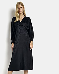 Black jacquard animal print midi swing dress