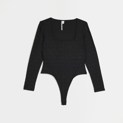 Black jacquard long sleeve bodysuit