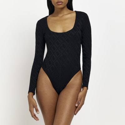 Black jacquard long sleeve bodysuit