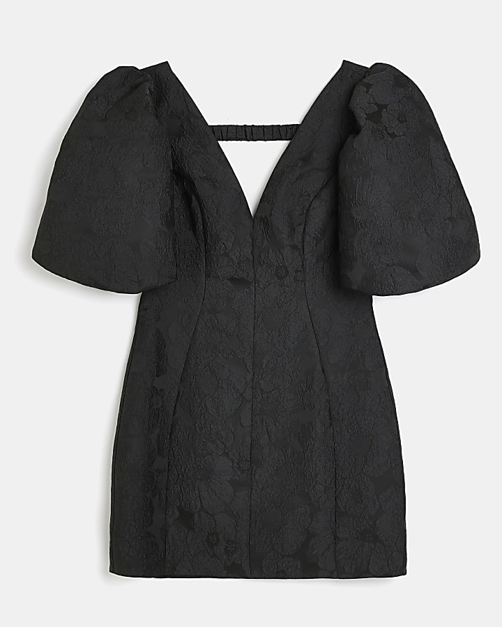 Black jacquard puff sleeve mini dress