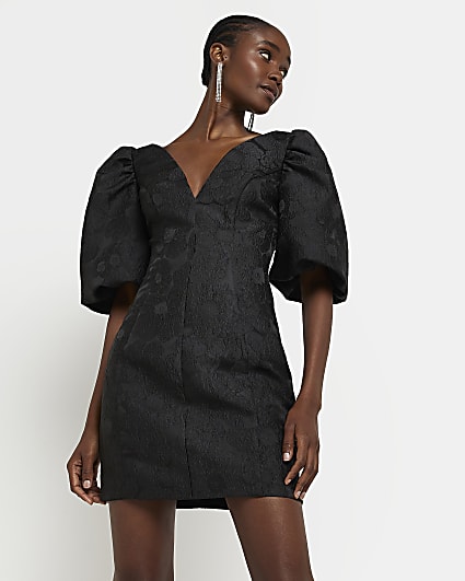 Black jacquard puff sleeve mini dress