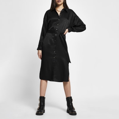 Black jacquard tie belt shirt midi dress River Island