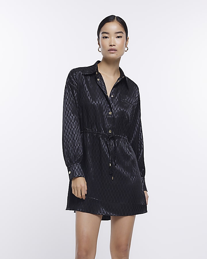 Black jacquard utility mini shirt dress