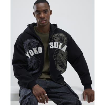 Black Japanese Embroidered Zip Through Hoodie