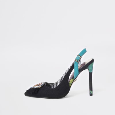 Black jewel embellished slingback court shoes
