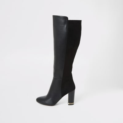 Black knee high wide fit heeled boots | River Island