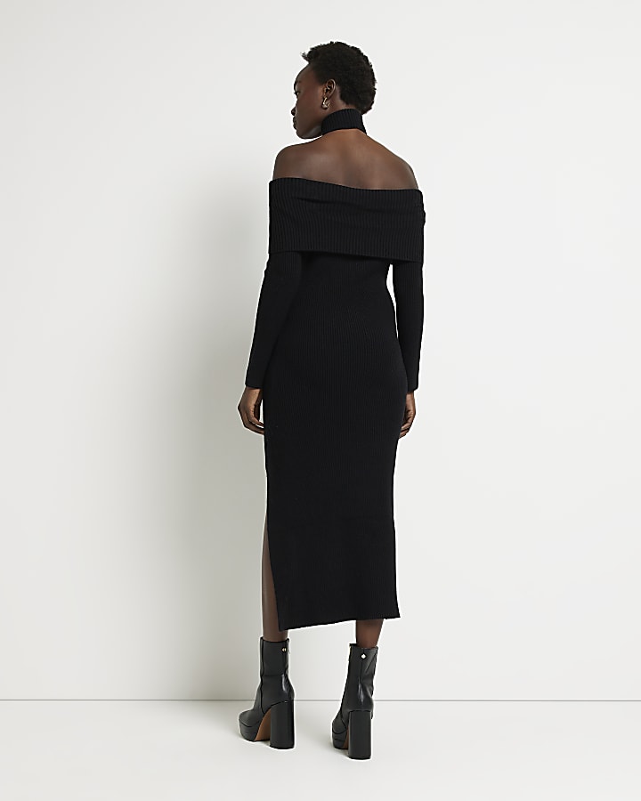 Black knit bardot bodycon midi dress