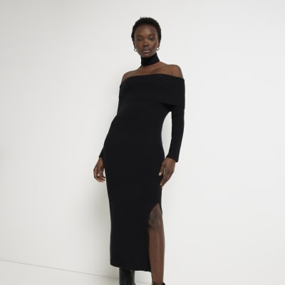 Black knit bardot bodycon midi dress | River Island