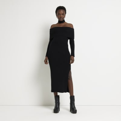 Black knit bardot bodycon midi dress | River Island