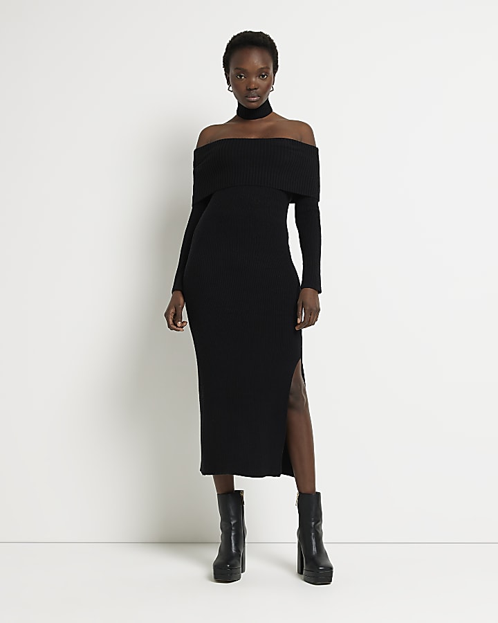 Black knit bardot bodycon midi dress