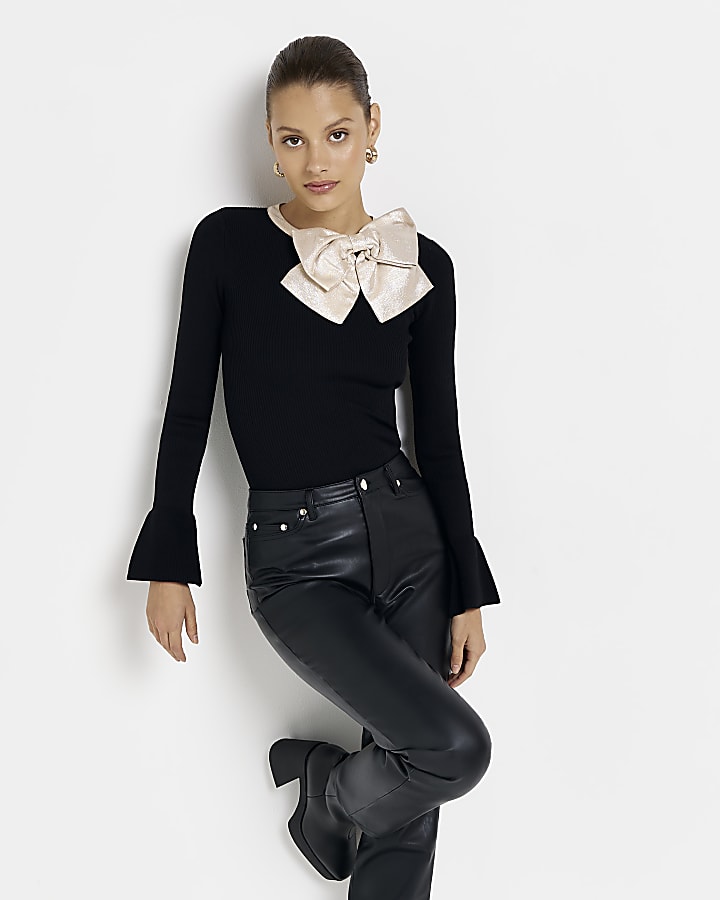 Black knit bow detail long sleeve top