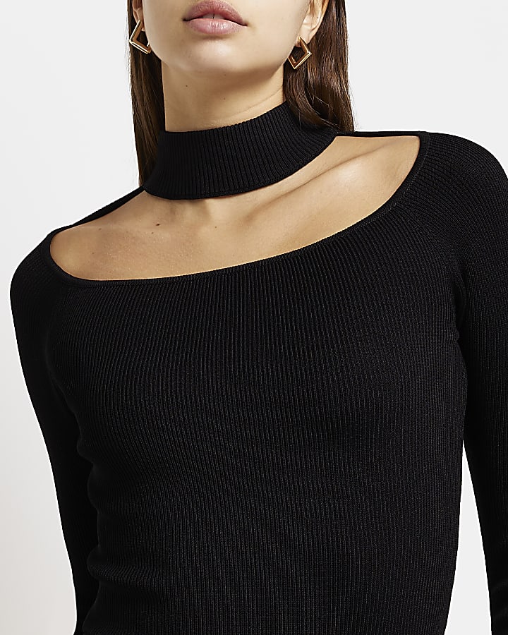 Black knit choker long sleeve top