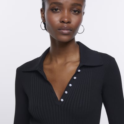 Black knit collared long sleeve mini dress River Island