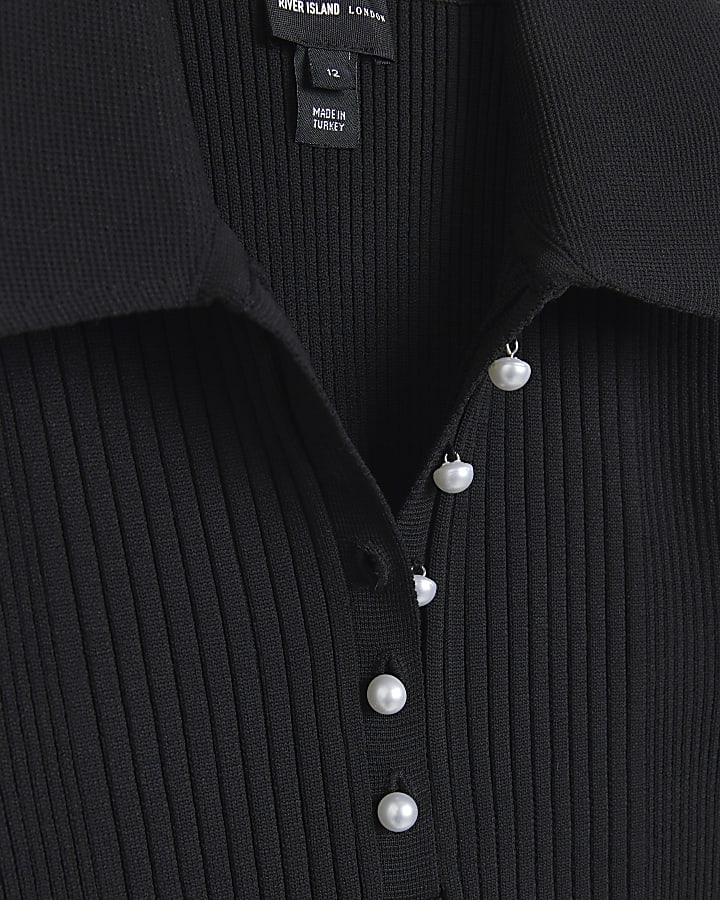 Black knit collared long sleeve mini dress