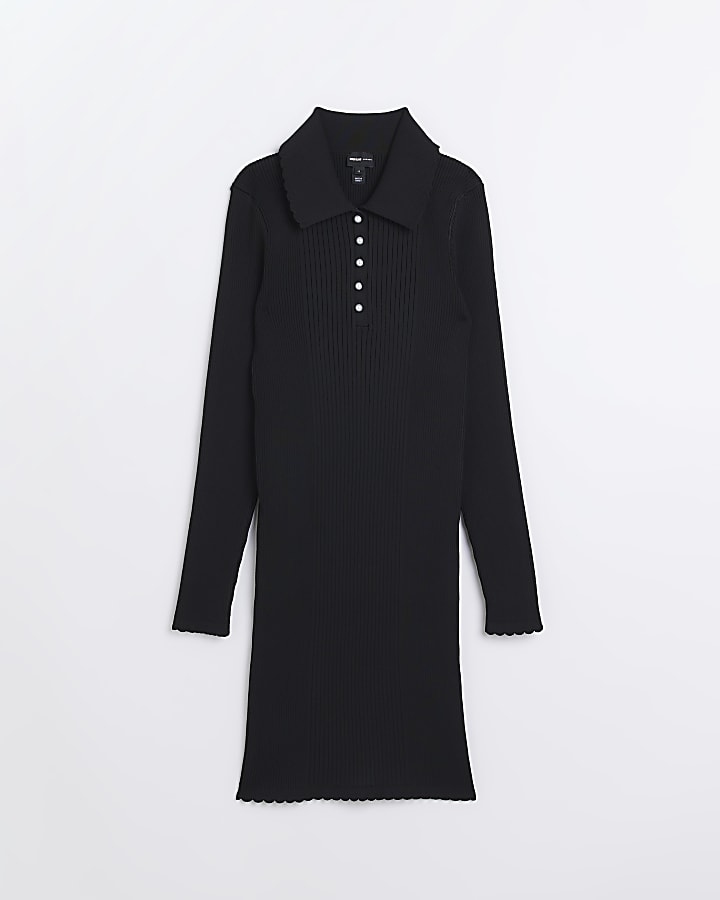 Black knit collared long sleeve mini dress