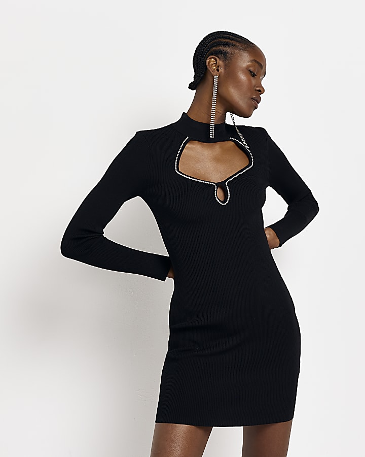 Black knit embellished bodycon mini dress