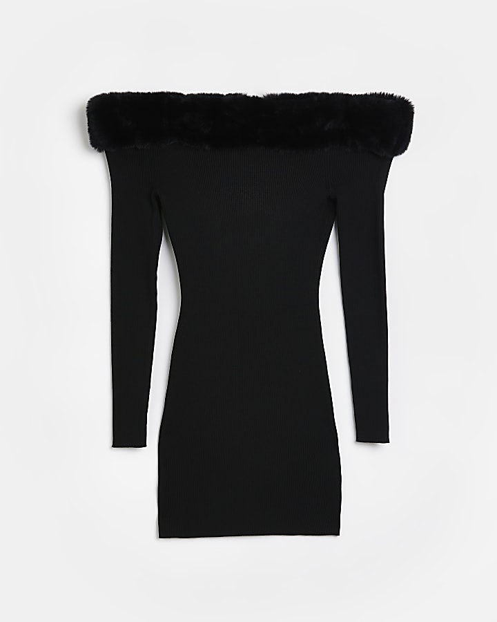Black knit faux fur trim bodycon mini dress