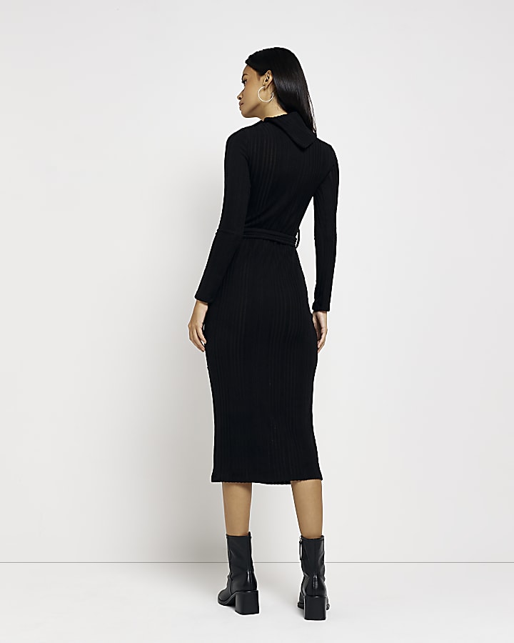 Black knit high neck bodycon midi dress