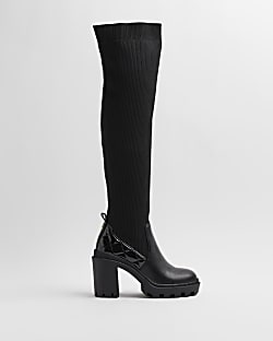 Black knit knee high platform boots