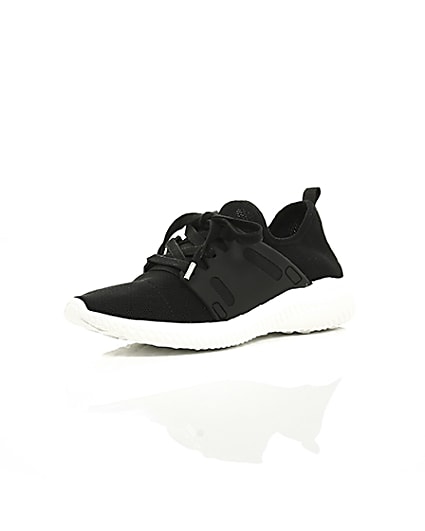 360 degree animation of product Black knit lace-up runner trainers frame-0