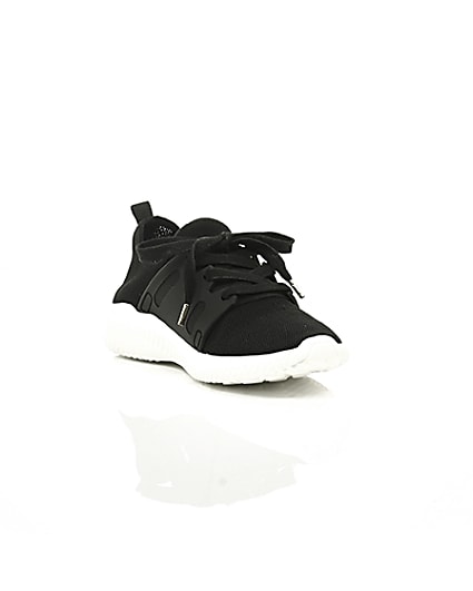 360 degree animation of product Black knit lace-up runner trainers frame-6