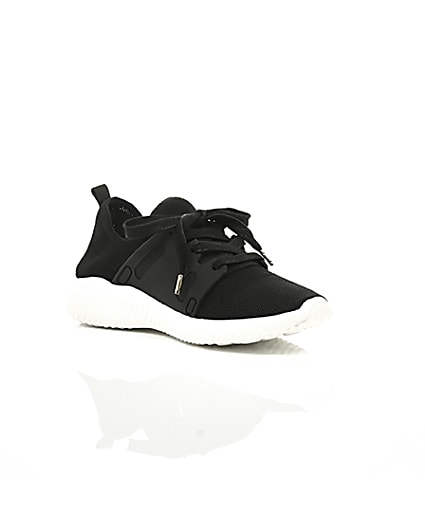360 degree animation of product Black knit lace-up runner trainers frame-7