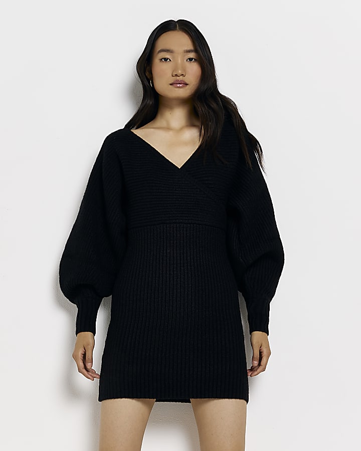 Black knit long sleeve jumper mini dress