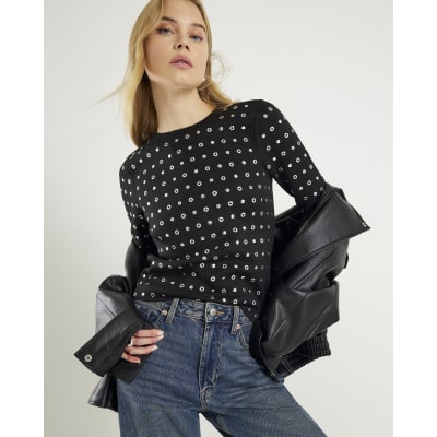 Black Knit Long Sleeve Studded Top