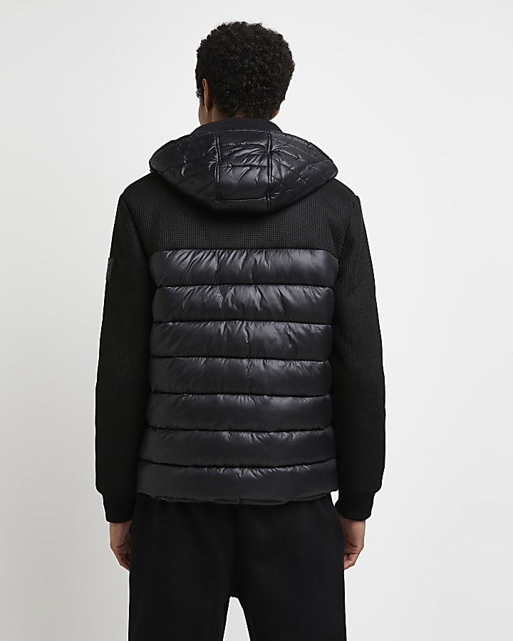 Black knit nylon hooded padded jacket