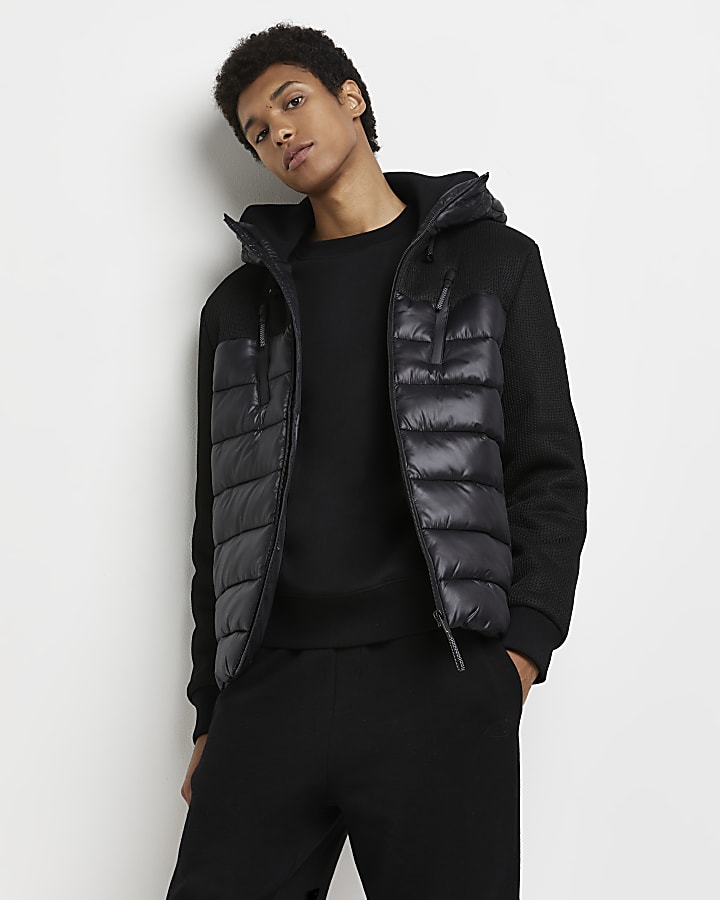 Black knit nylon hooded padded jacket