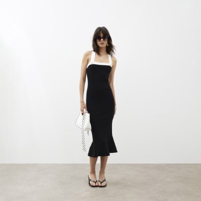 Black Knit Peplum Hem Midi Dress