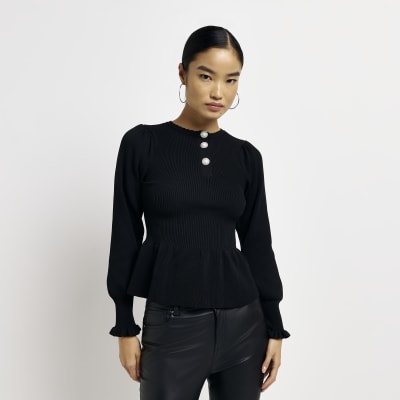 Black knit peplum jumper | River Island