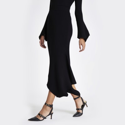 Black knit rib asymmetric hem midi skirt