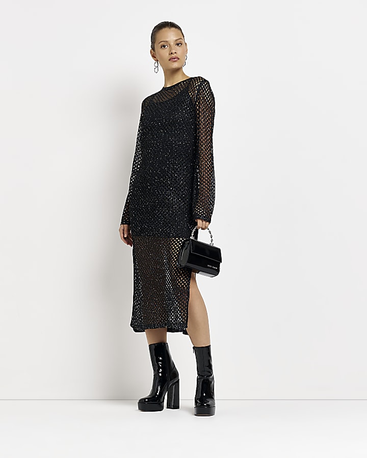 Black knit sequin midi dress