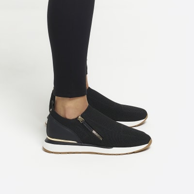 River Island Womens Black Knit Side Zip Trainers