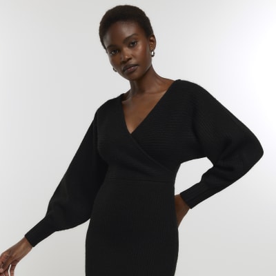 Black knit wrap jumper midi dress | River Island