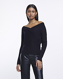 Black knit wrap long sleeve jumper