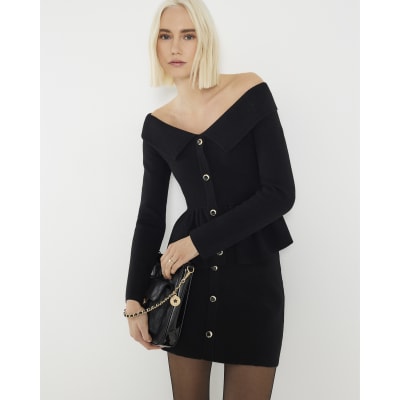 Black Knitted Bardot Peplum Top